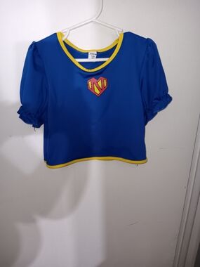 SHEIN Blue Superhero Top with Yellow Trim and Red Emblem